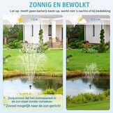 Zonnepomp voor vijver en fontein, 15 W, debiet 720 l/h, 5 m uittrekbare kabel, 4 sproeimodellen en filterzak, ideaal voor vijvers en waterinstallaties