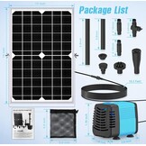 Zonnepomp voor vijver en fontein, 15 W, debiet 720 l/h, 5 m uittrekbare kabel, 4 sproeimodellen en filterzak, ideaal voor vijvers en waterinstallaties