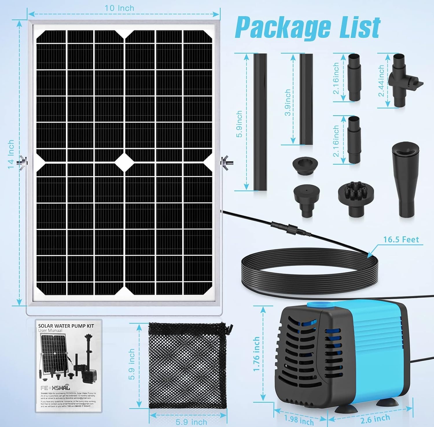Zonnepomp voor vijver en fontein, 15 W, debiet 720 l/h, 5 m uittrekbare kabel, 4 sproeimodellen en filterzak, ideaal voor vijvers en waterinstallaties