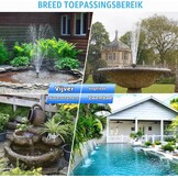 Zonnepomp voor vijver en fontein, 15 W, debiet 720 l/h, 5 m uittrekbare kabel, 4 sproeimodellen en filterzak, ideaal voor vijvers en waterinstallaties