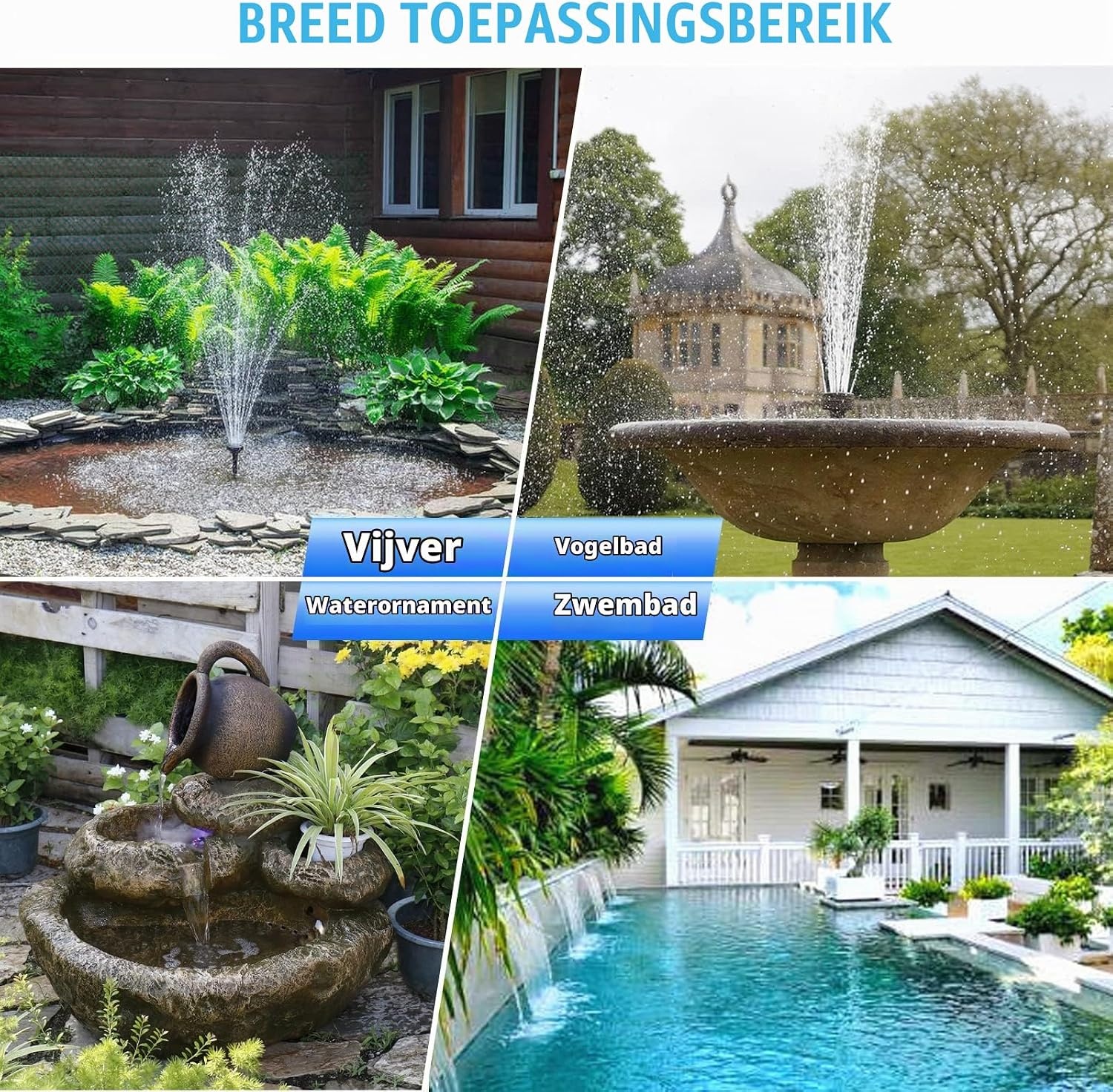 Zonnepomp voor vijver en fontein, 15 W, debiet 720 l/h, 5 m uittrekbare kabel, 4 sproeimodellen en filterzak, ideaal voor vijvers en waterinstallaties