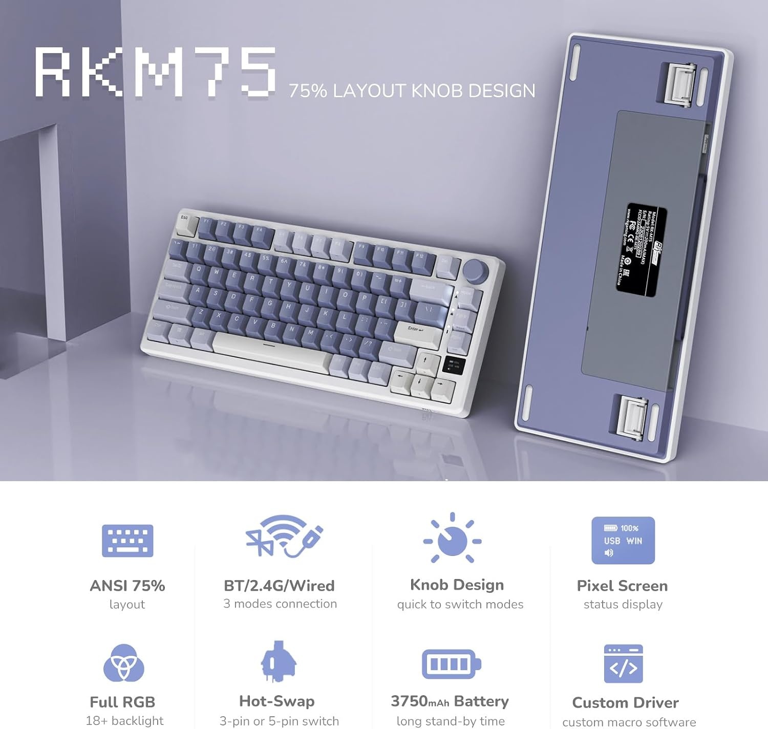 RK ROYAL KLUDGE M75 Azerty toetsenbord, draadloos BT5.0/2,4G USB-C, 75% mechanisch gamingtoetsenbord, OLED Smart Display, RGB-achtergrondverlichting, rood