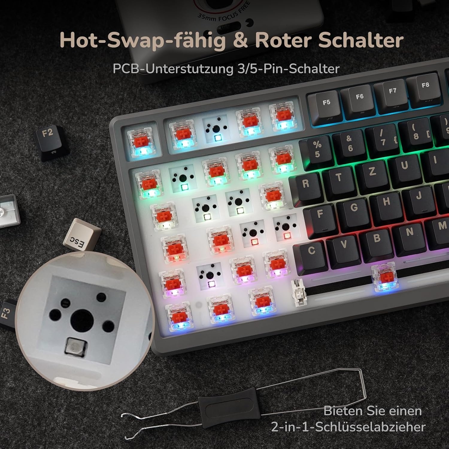 Mechanisch Gaming Toetsenbord 75% QWERTZ Gasket Mount, 34% Korting