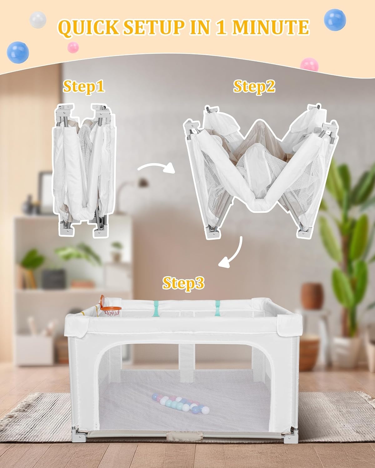 Opvouwbare Babybox met Ballen & Basketring - 127x127cm - 34% Korting