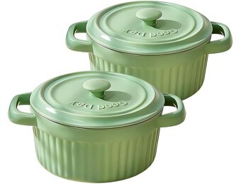 Mini Ovenschaaltjes Keramiek met Deksel, Groen (2 stuks) - 30% Korting