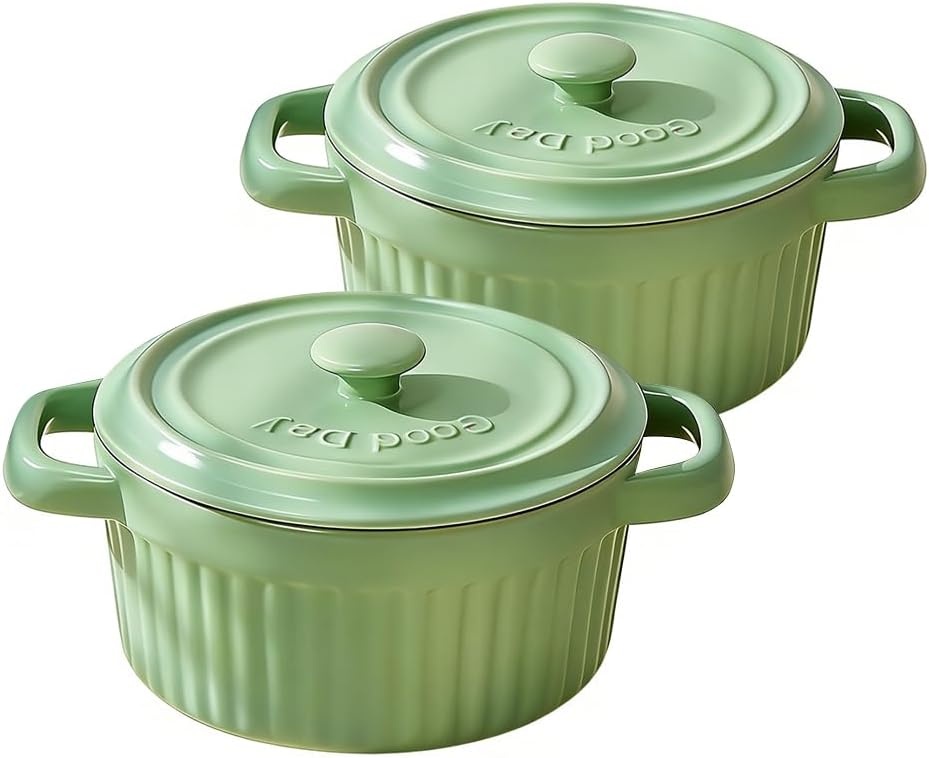Mini Ovenschaaltjes Keramiek met Deksel, Groen (2 stuks) - 30% Korting