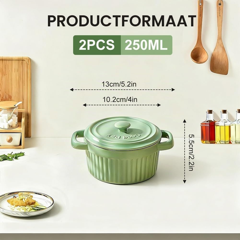 Mini Ovenschaaltjes Keramiek met Deksel, Groen (2 stuks) - 30% Korting