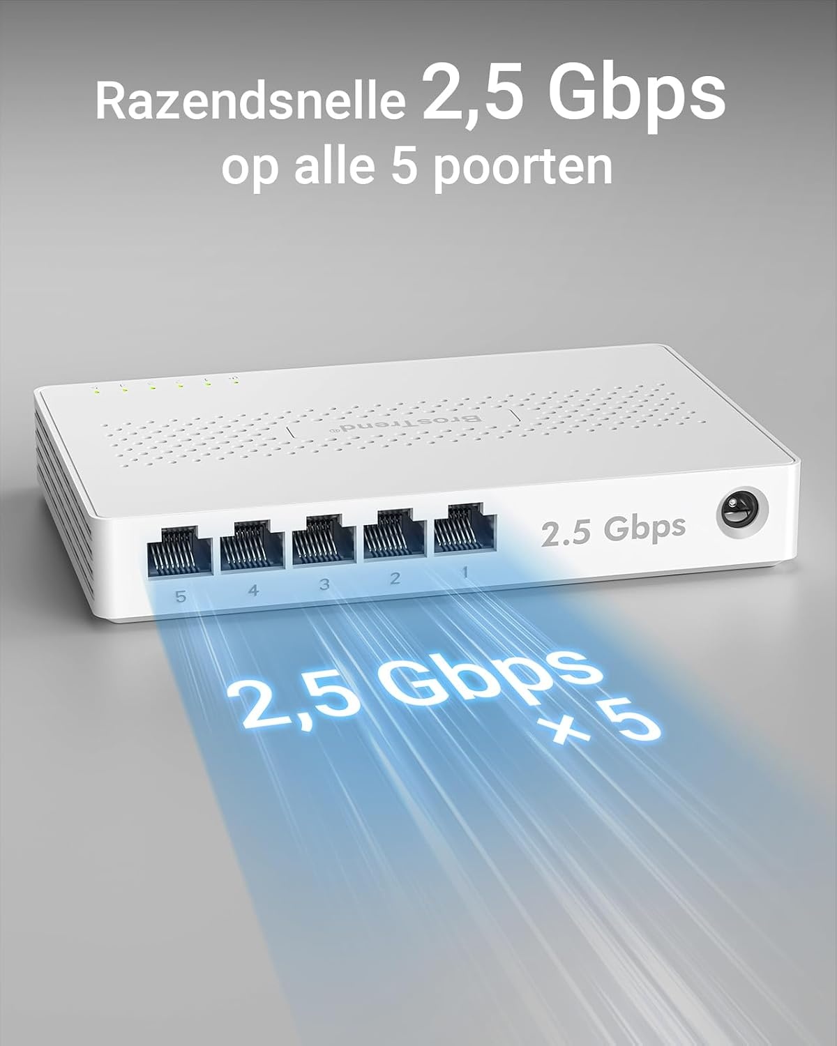 BrosTrend 5-poorts 2,5 GB-Switch voor Gameconsole, PC, NAS, enz Plug & Play