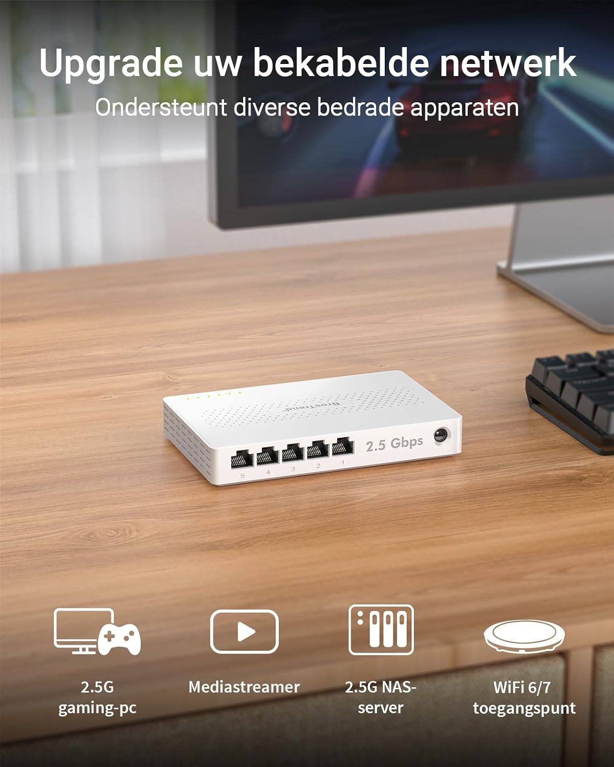 BrosTrend 5-poorts 2,5 GB-Switch voor Gameconsole, PC, NAS, enz Plug & Play