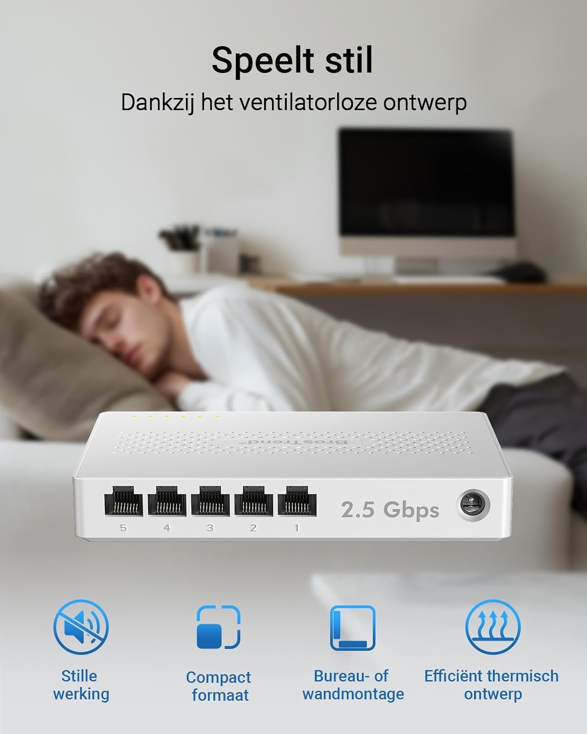 BrosTrend 5-poorts 2,5 GB-Switch voor Gameconsole, PC, NAS, enz Plug & Play