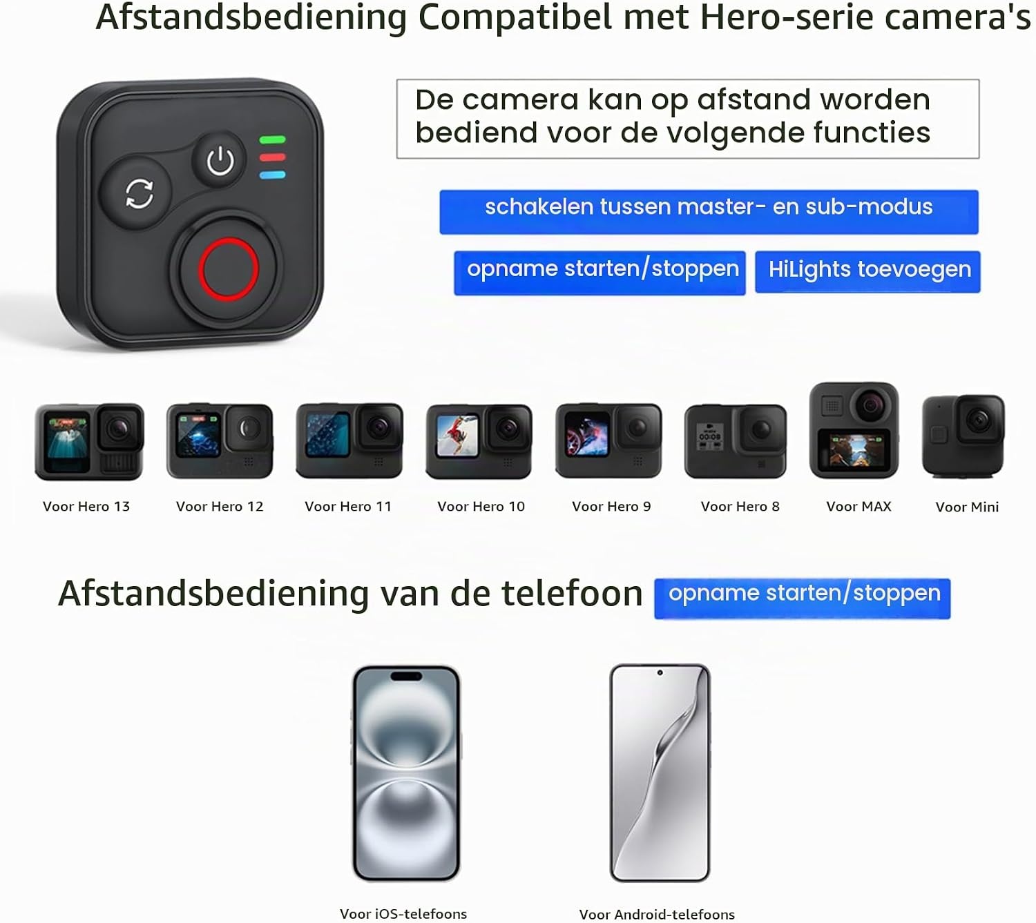 Bluetooth Afstandsbediening voor Insta360/GoPro - 50m Bereik - 32% Korting