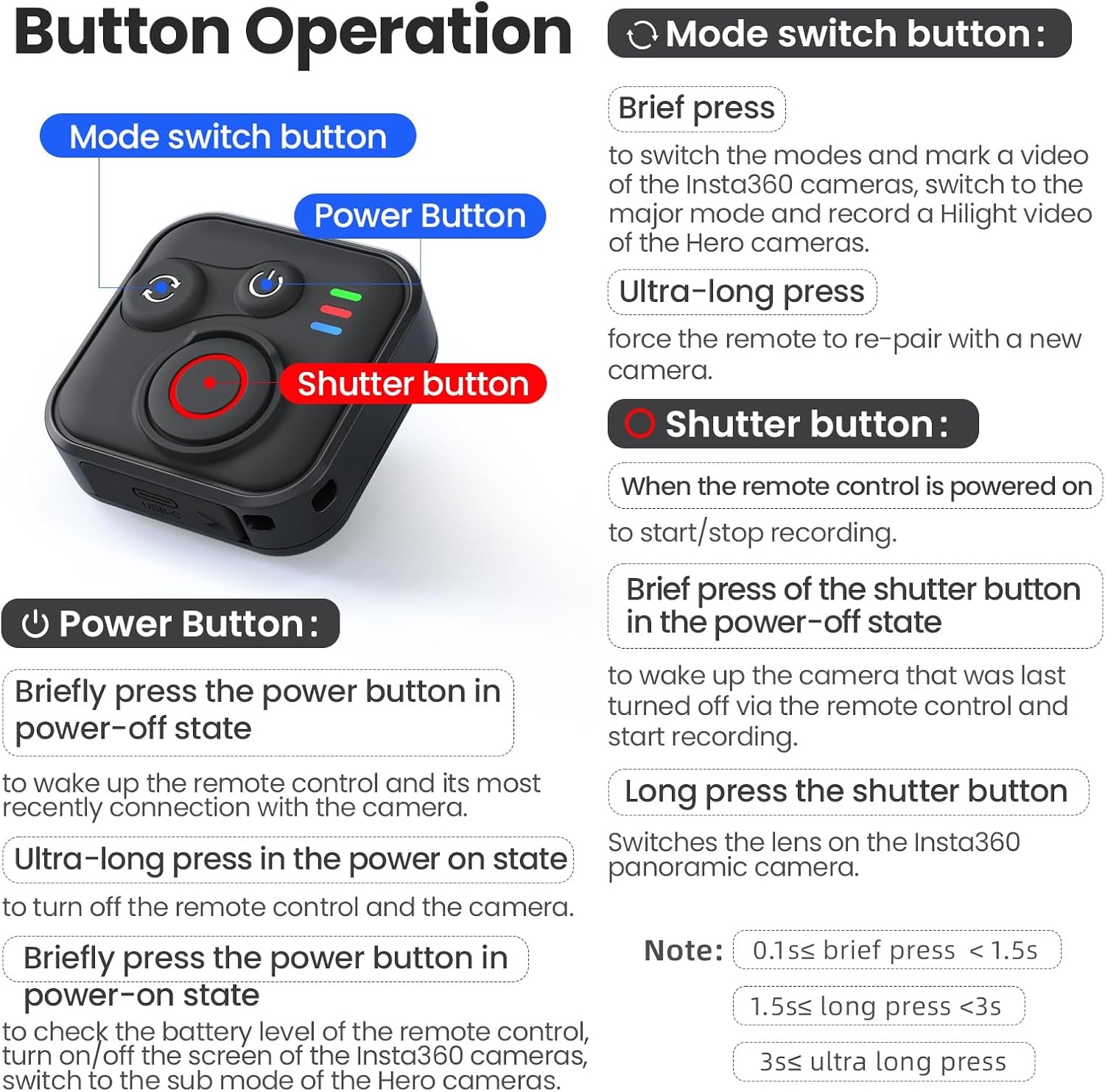 Bluetooth Afstandsbediening voor Insta360/GoPro - 50m Bereik - 32% Korting