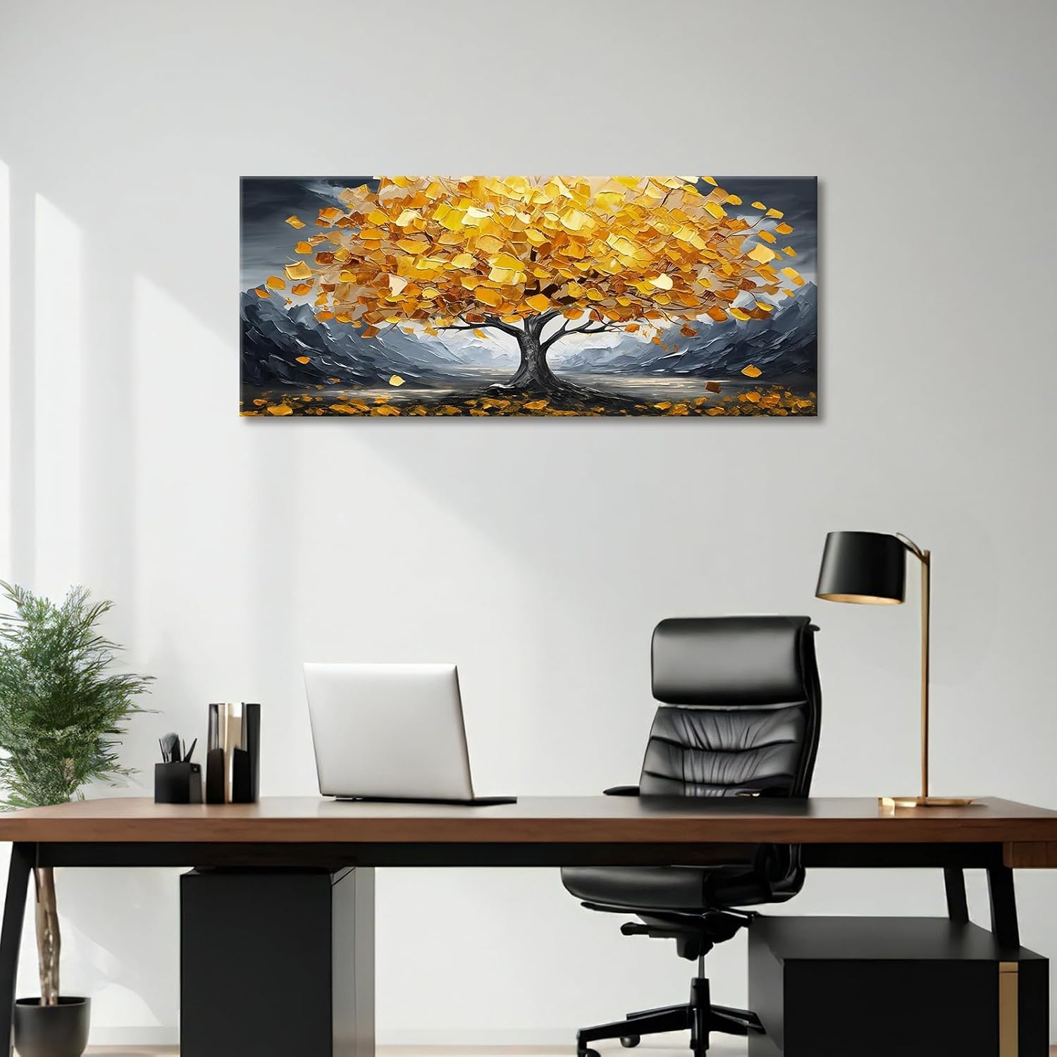 Abstract Gele Geluksboom Canvas Schilderij 120x50cm | 29% Korting