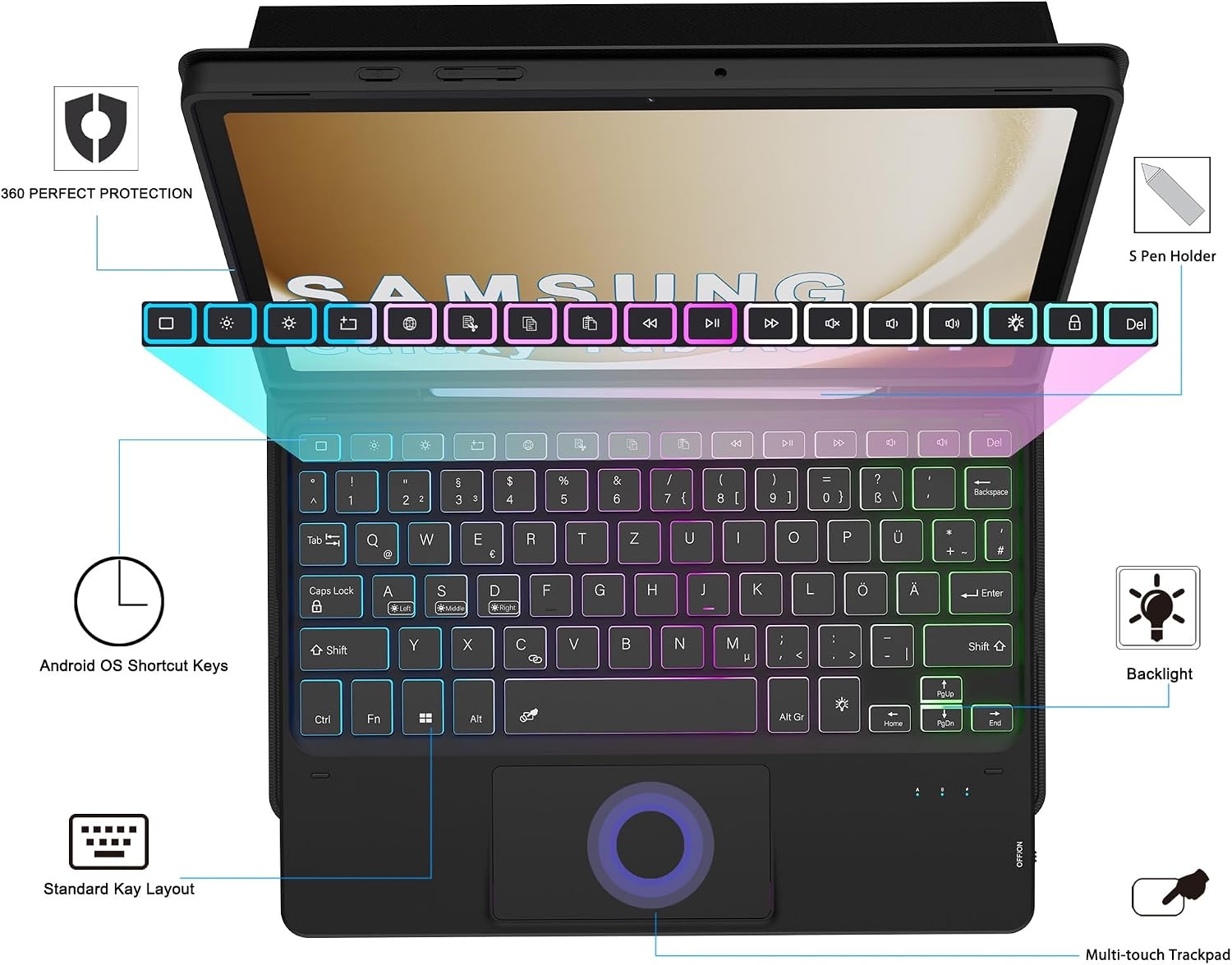 Toetsenbordhoes met Touchpad & 7-Kleurige Verlichting voor Galaxy Tab A9+ (34% korting)