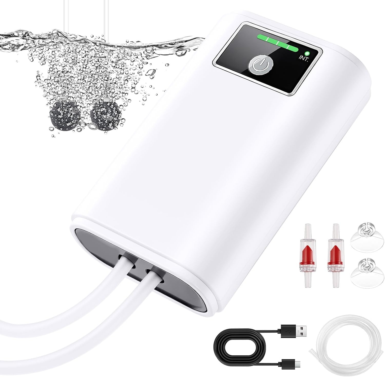 Aquariumpomp, draagbaar, luchtpomp, aquarium, USB-luchtpomp voor aquarium met luchtstenen, batterij 2600 mAh, stille aquariumpomp, twee voedingsmodi, pomp 1,5 - 2 l/min x 2