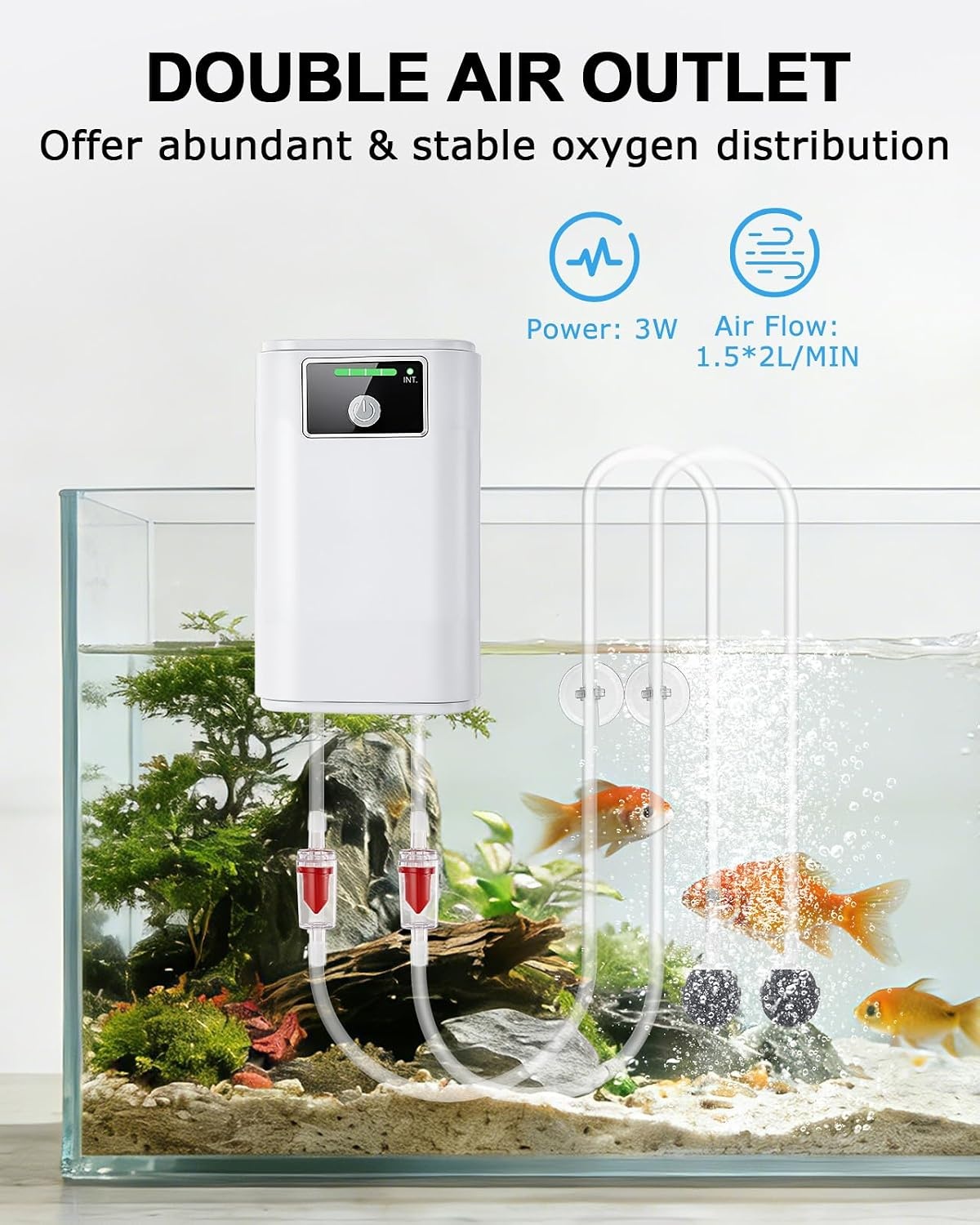 Aquariumpomp, draagbaar, luchtpomp, aquarium, USB-luchtpomp voor aquarium met luchtstenen, batterij 2600 mAh, stille aquariumpomp, twee voedingsmodi, pomp 1,5 - 2 l/min x 2