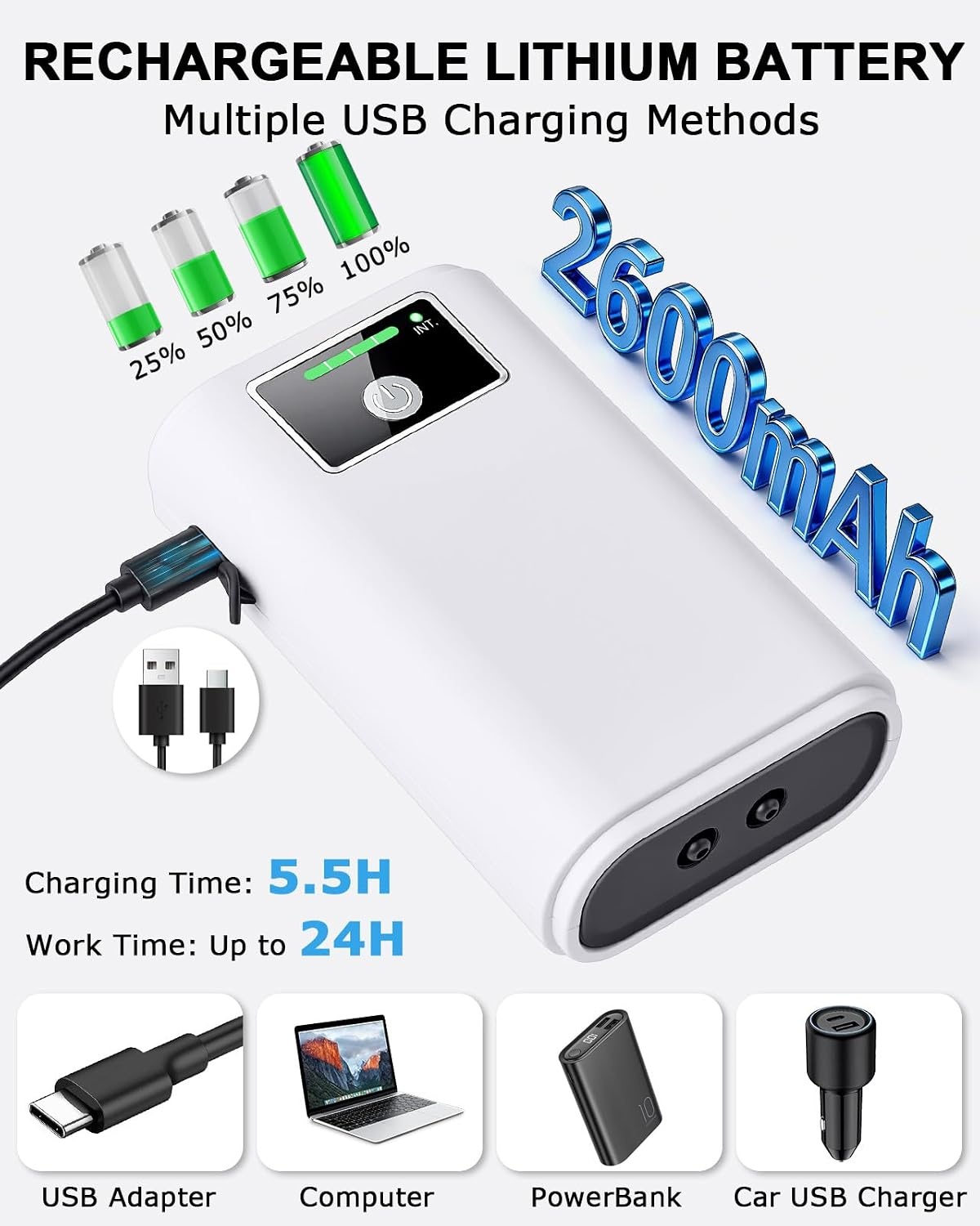 Aquariumpomp, draagbaar, luchtpomp, aquarium, USB-luchtpomp voor aquarium met luchtstenen, batterij 2600 mAh, stille aquariumpomp, twee voedingsmodi, pomp 1,5 - 2 l/min x 2