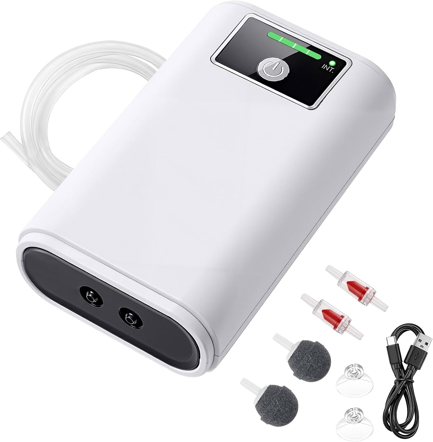 Aquariumpomp, draagbaar, luchtpomp, aquarium, USB-luchtpomp voor aquarium met luchtstenen, batterij 2600 mAh, stille aquariumpomp, twee voedingsmodi, pomp 1,5 - 2 l/min x 2