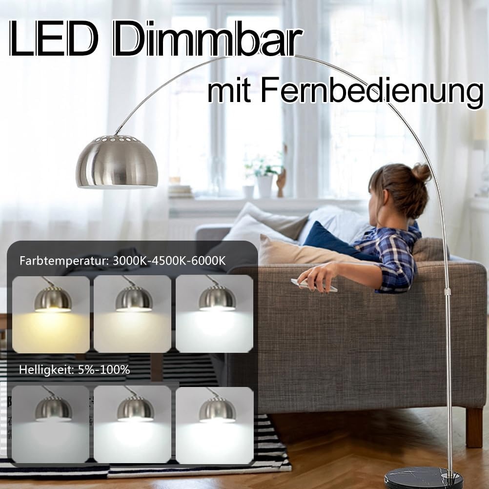 ACMHNC Booglamp Zilver LED E27 - Dimbaar met Afstandsbediening & 34% Korting