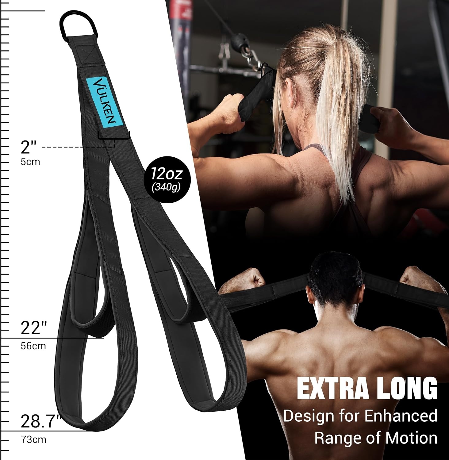 Vulken Tricep Rope Cable Attachment - Zwart - Twee lengtes: 56 cm en 73 cm