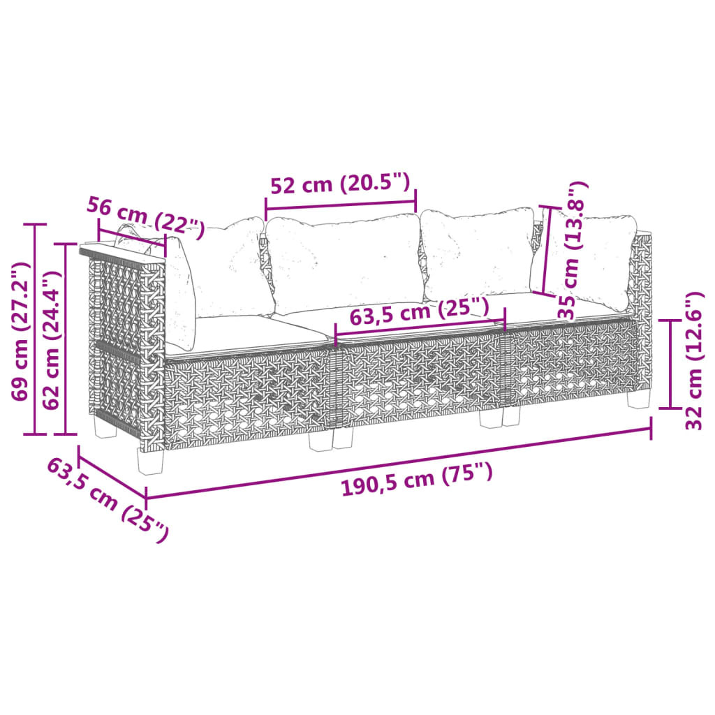 VidaXL Tuinbank 3-zits met Kussens - Poly Rattan Grijs (35% Korting!)