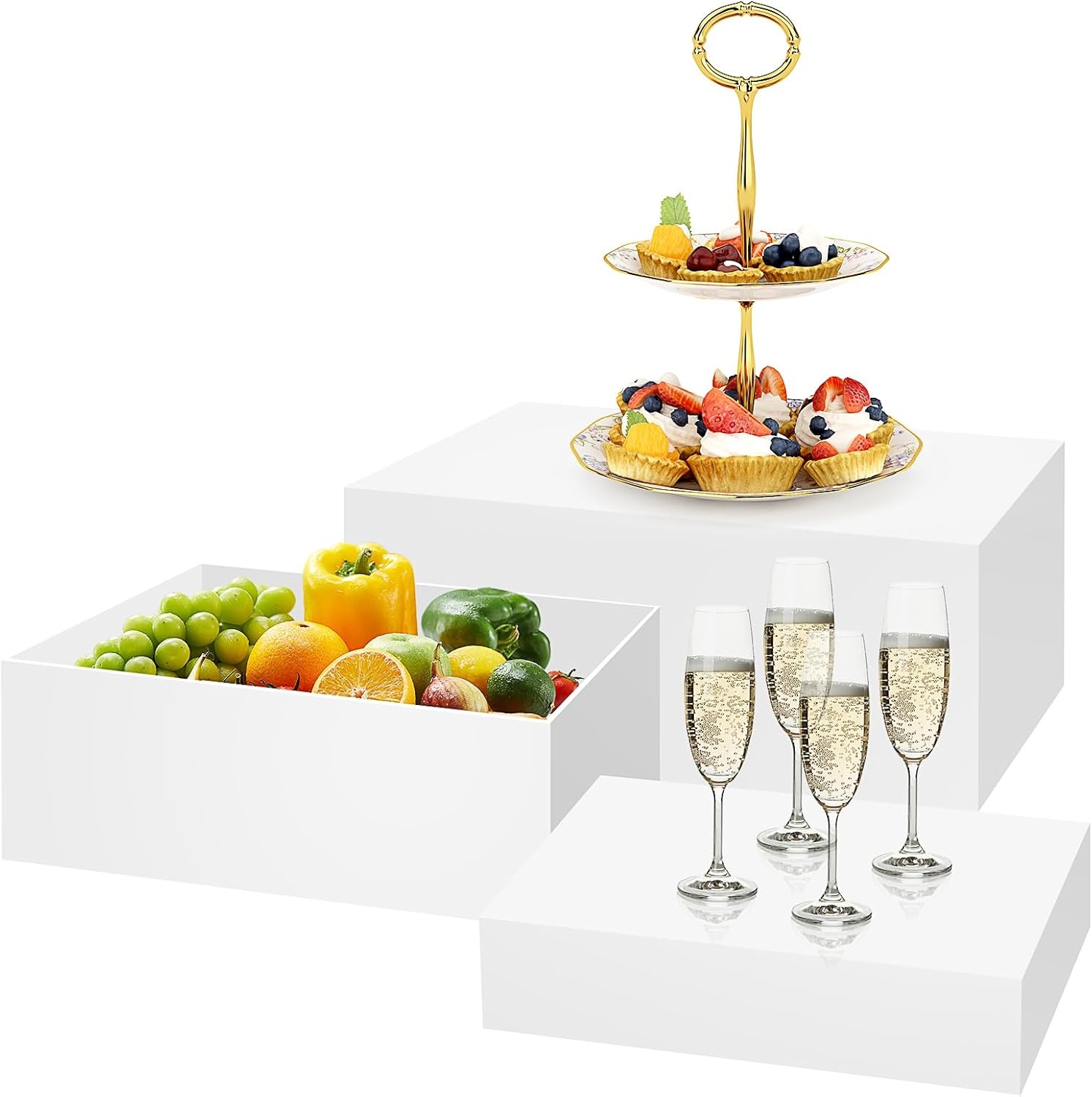 3 stuks buffetverhogingen, acryl verhogingen voor buffettafel, 24/27/30 cm, witte taartstandaard-set met holle bodem, kubusdozen voor bruiloft, feest, brunch en desserttafel