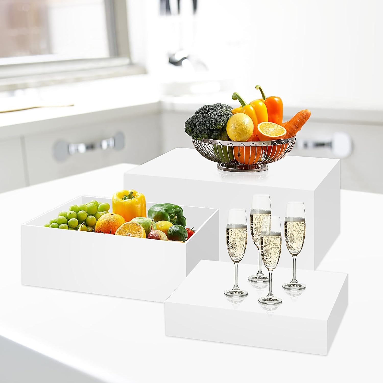 3 stuks buffetverhogingen, acryl verhogingen voor buffettafel, 24/27/30 cm, witte taartstandaard-set met holle bodem, kubusdozen voor bruiloft, feest, brunch en desserttafel