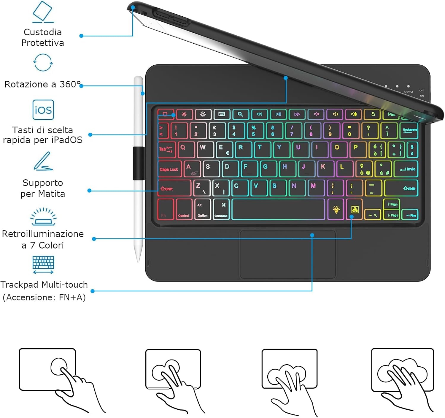 MMK Toetsenbord Hoes voor iPad 10.2 inch (Gen 9/8/7) - Klassiek Zwart met Trackpad en Verlichting