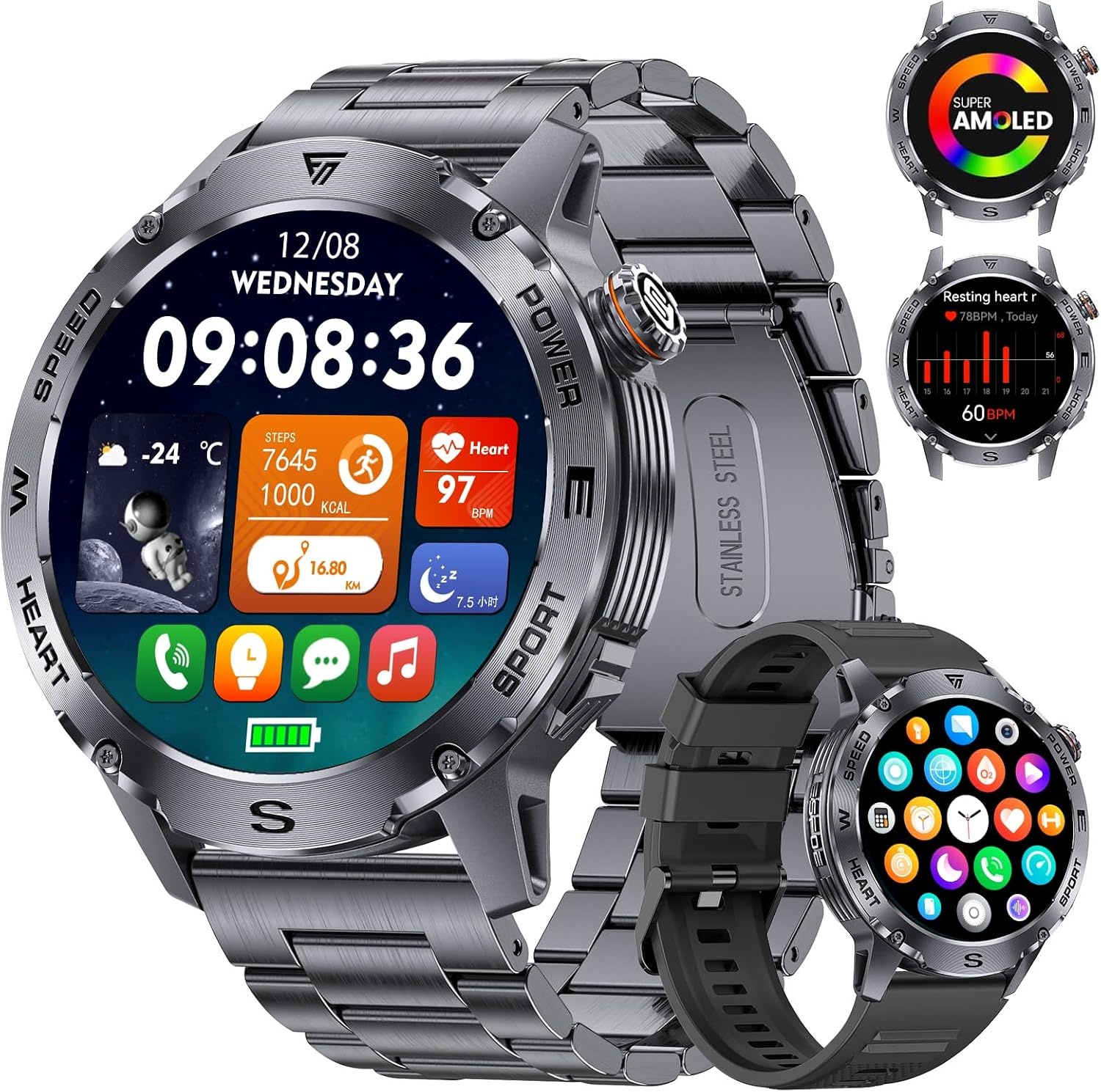 LIGE Smartwatch Heren, 1.43" AMOLED Smart Watch met 24/7 Hartslag, SpO2, Duur Van de Slaap voor Android iOS, 170+ Sportmodi Sporthorloge, UP68 Waterdicht, 200+ Wijzerplaten, Grafietzwart
