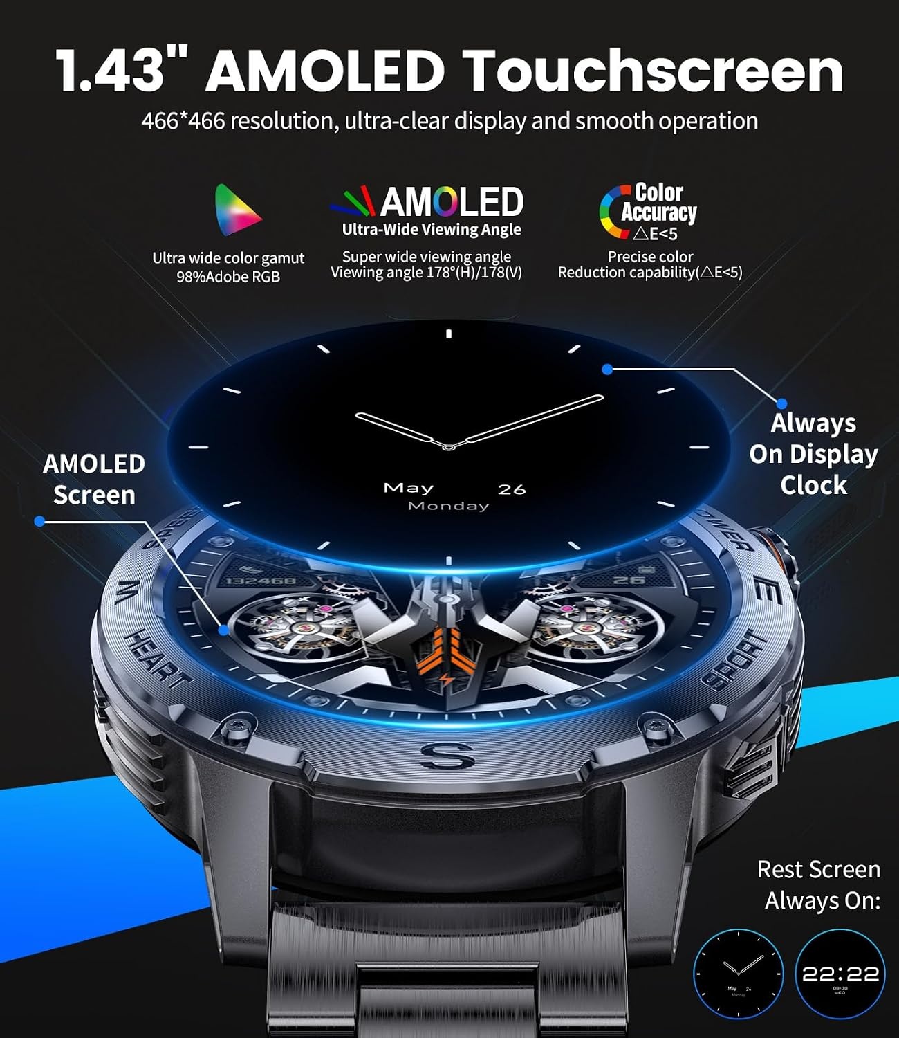 LIGE Smartwatch Heren, 1.43" AMOLED Smart Watch met 24/7 Hartslag, SpO2, Duur Van de Slaap voor Android iOS, 170+ Sportmodi Sporthorloge, UP68 Waterdicht, 200+ Wijzerplaten, Grafietzwart