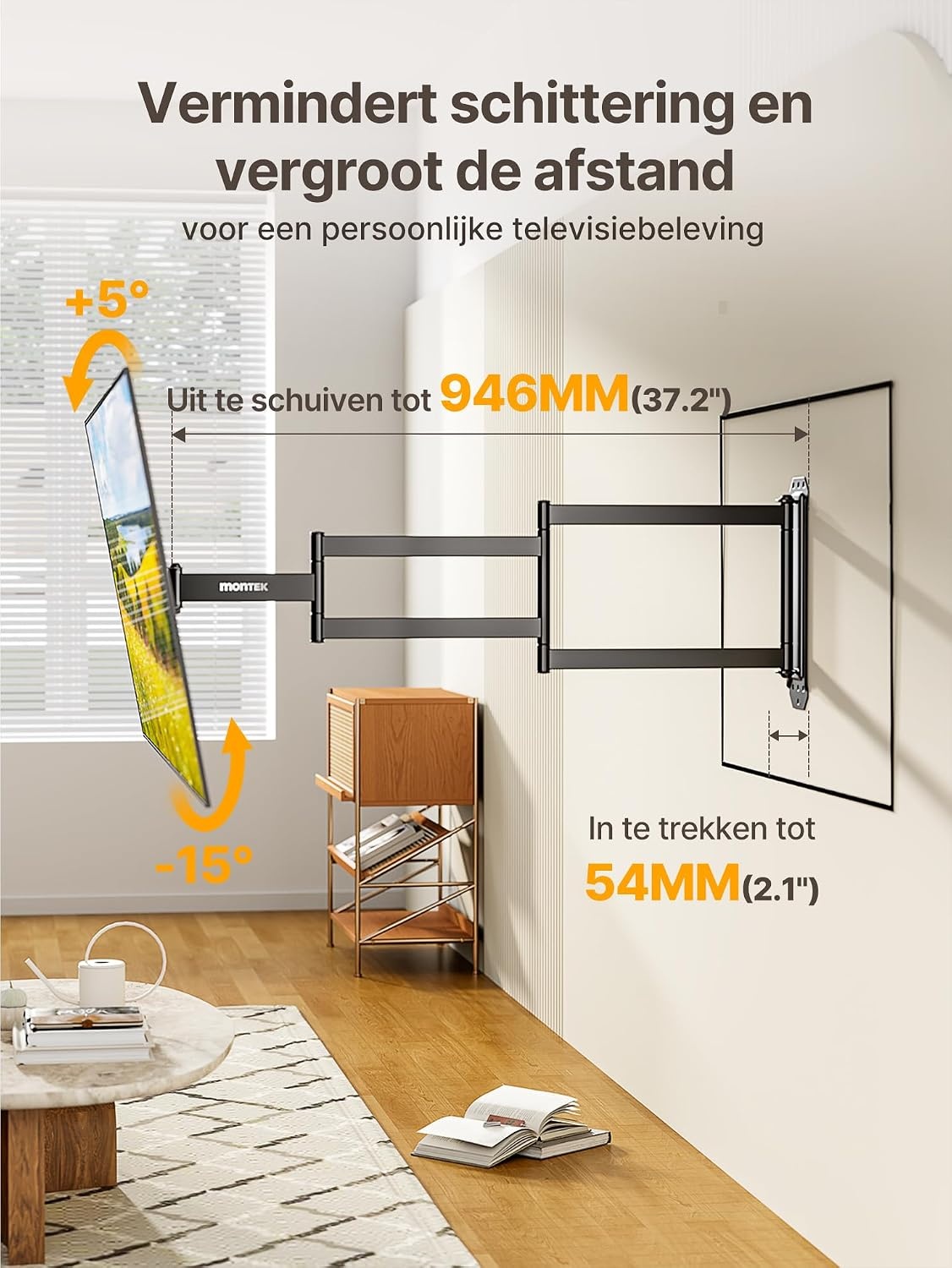 monTEK TV Muurbeugel met 946 mm Extra Lange Arm voor 23-65 inch LCD/LED/OLED TV tot 35 kg, Kantelbaar en 180° Draaibaar, Hoek TV Beugel Ruimtebesparend Ontwerp, Max. VESA 600 x 400 mm - Maat 23"-65"/946 mm Langarm