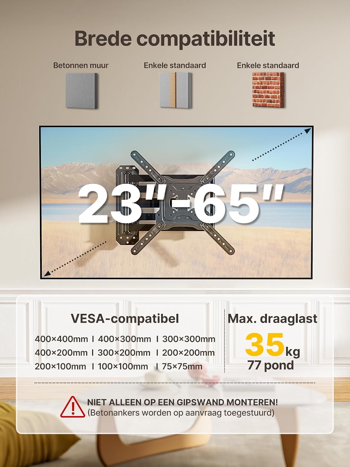 monTEK TV Muurbeugel met 946 mm Extra Lange Arm voor 23-65 inch LCD/LED/OLED TV tot 35 kg, Kantelbaar en 180° Draaibaar, Hoek TV Beugel Ruimtebesparend Ontwerp, Max. VESA 600 x 400 mm - Maat 23"-65"/946 mm Langarm