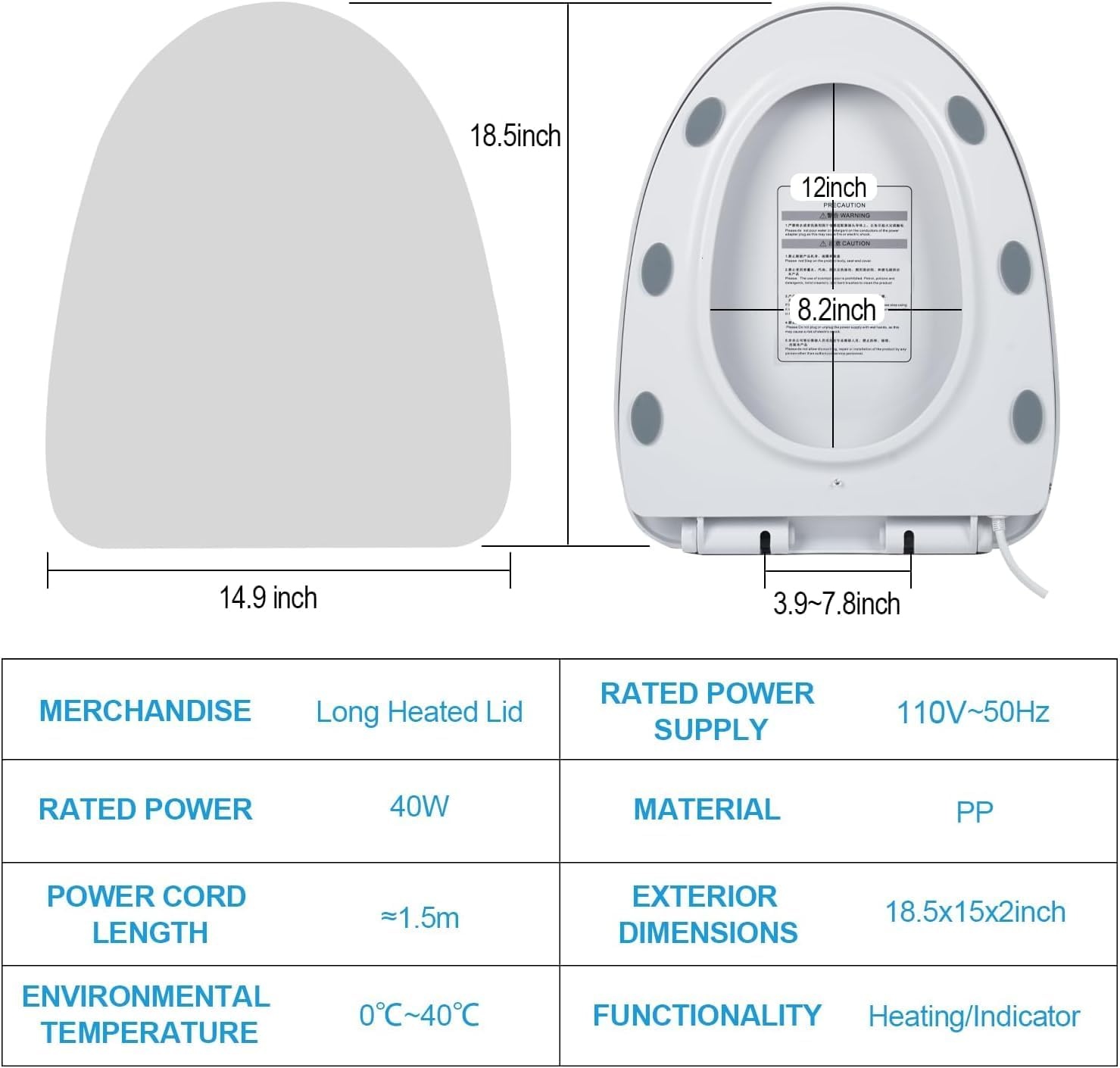 Intelligente slimme wc-bril, bidet, verwarmde zitting met 3 temperatuurniveaus, automatische sluiting, led-temperatuurweergave, nachtlampje en IPX4 spatwaterbescherming, V-type verwarmde toiletbril
