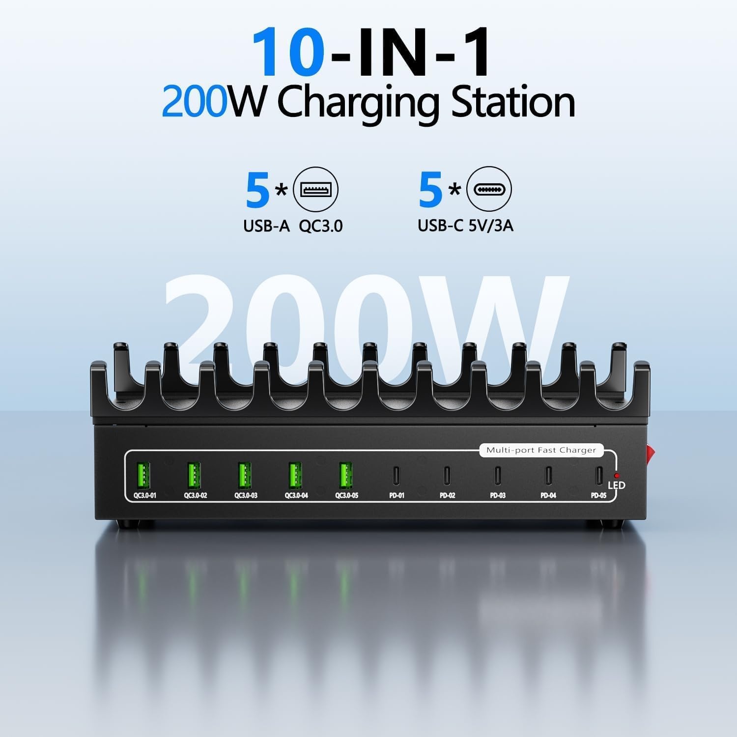 USB C-oplader meervoudig, USB-oplaadstation voor meerdere apparaten, totaal vermogen 200W 10 poorten【5USBA en 5USBC】, compatibel met iPhone 11/12/13/14/15/16/XS/XR/8/mobiele telefoons/tablet
