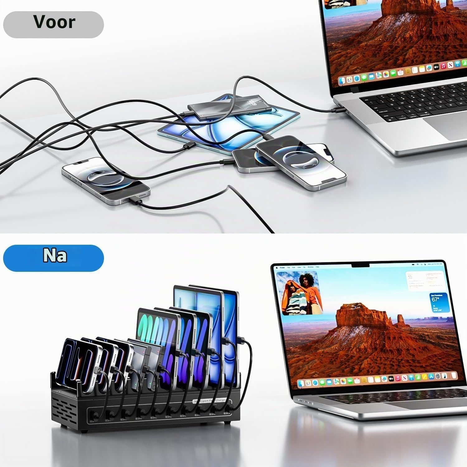 USB C-oplader meervoudig, USB-oplaadstation voor meerdere apparaten, totaal vermogen 200W 10 poorten【5USBA en 5USBC】, compatibel met iPhone 11/12/13/14/15/16/XS/XR/8/mobiele telefoons/tablet