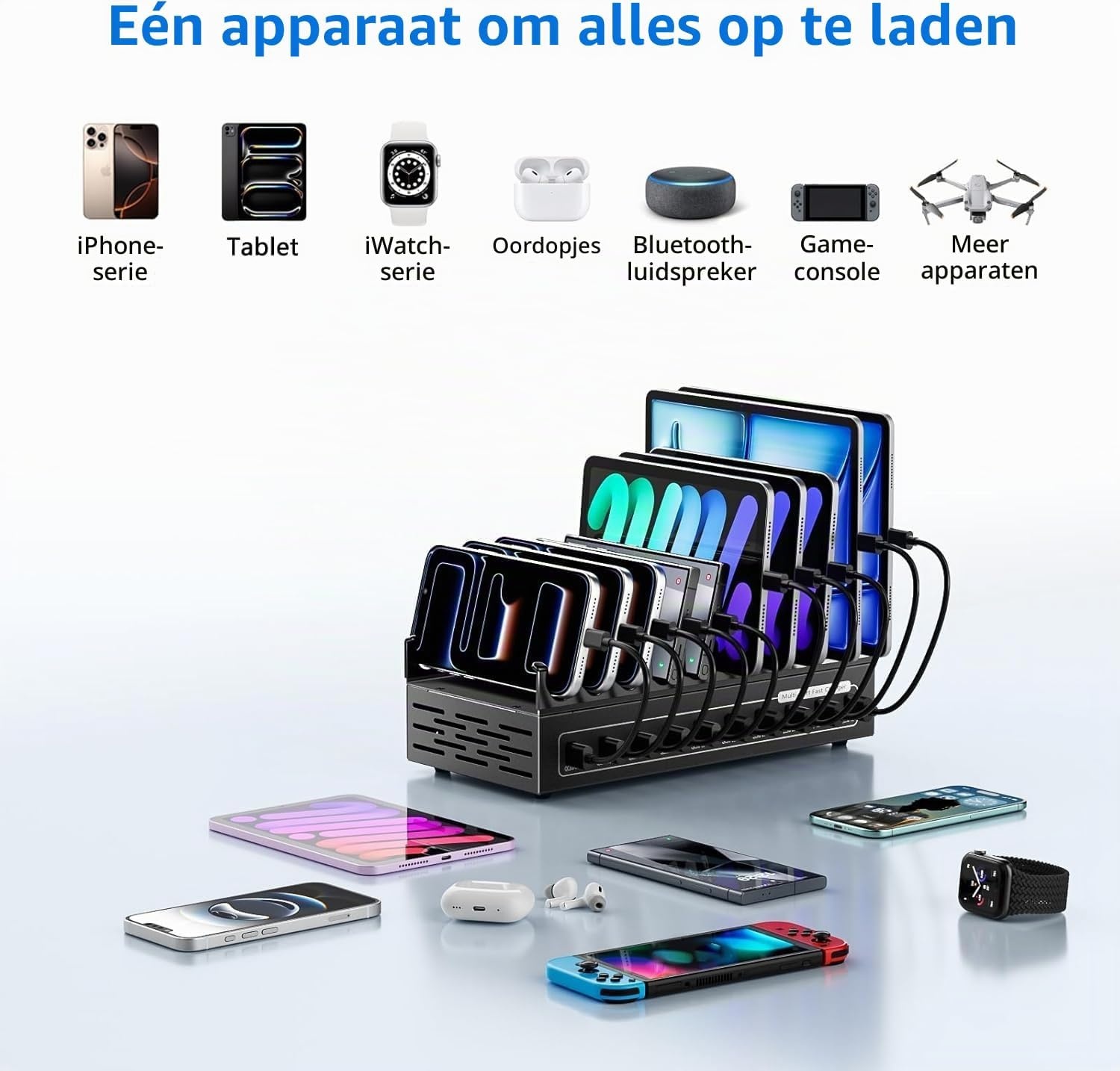 USB C-oplader meervoudig, USB-oplaadstation voor meerdere apparaten, totaal vermogen 200W 10 poorten【5USBA en 5USBC】, compatibel met iPhone 11/12/13/14/15/16/XS/XR/8/mobiele telefoons/tablet