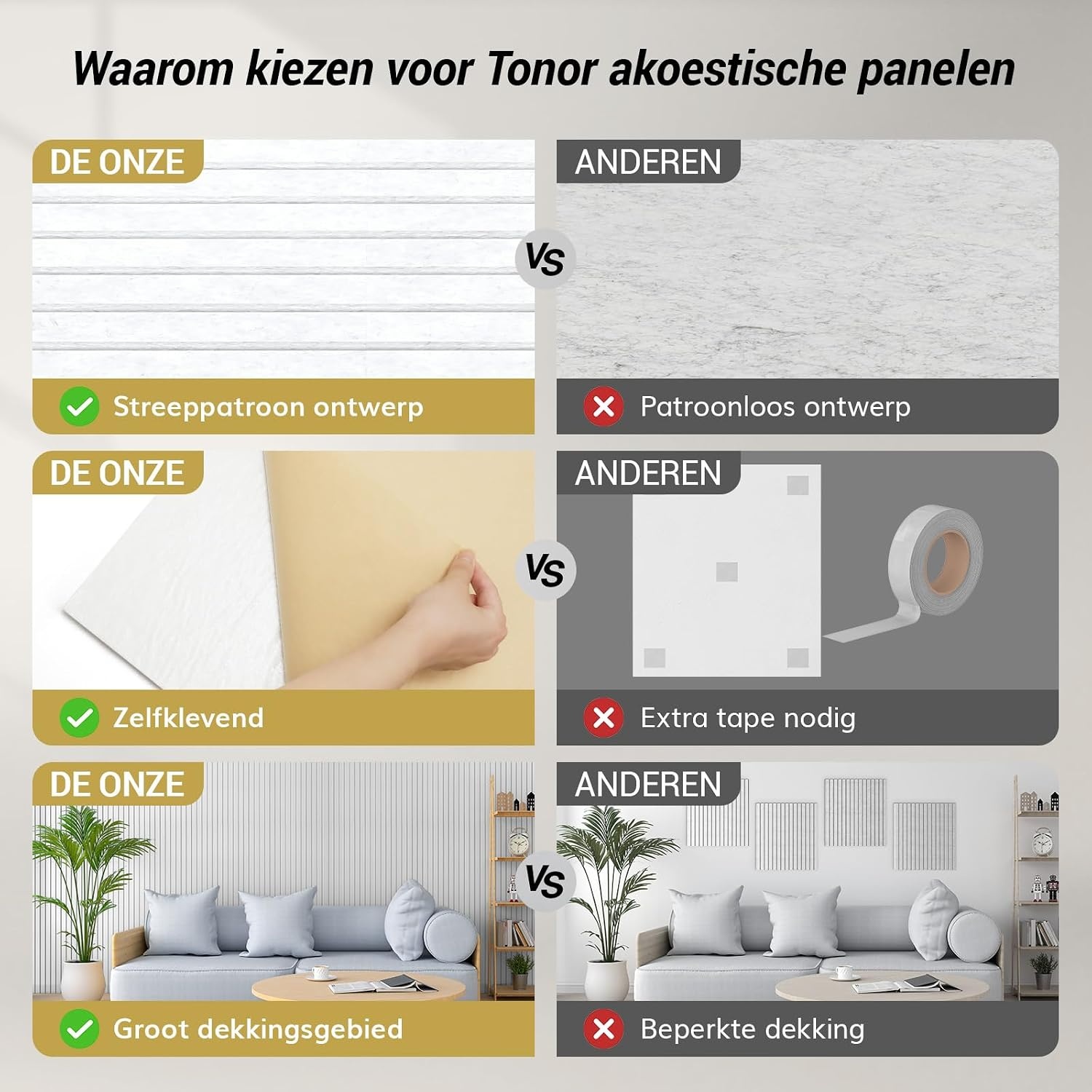 TONOR 4 Pack Grote Akoestische Panelen, 120x60x0,9cm Akoestische Muurpaneel, Zelfklevende Geluiddichte Panelen, Decoratieve Geluiddichte Muurpanelen voor Echo Absorptie voor Home Studio Kantoor, Grijs