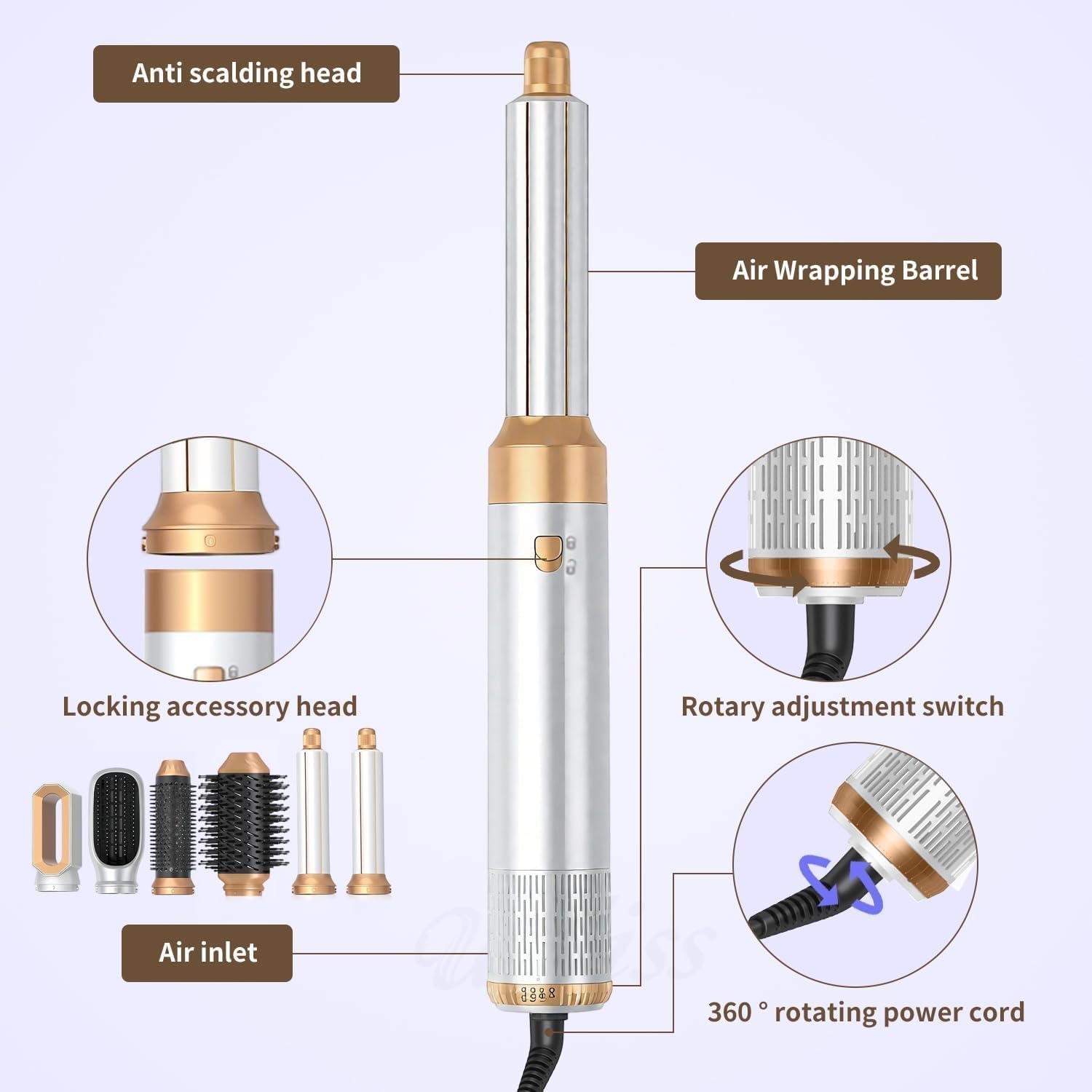 6-in-1 haarstylerset, multi-airstyler, krultang, auto-wrap, ronde borstelföhn, heteluchtborstel, voor styling, gladmaken, drogen, volume, krullen