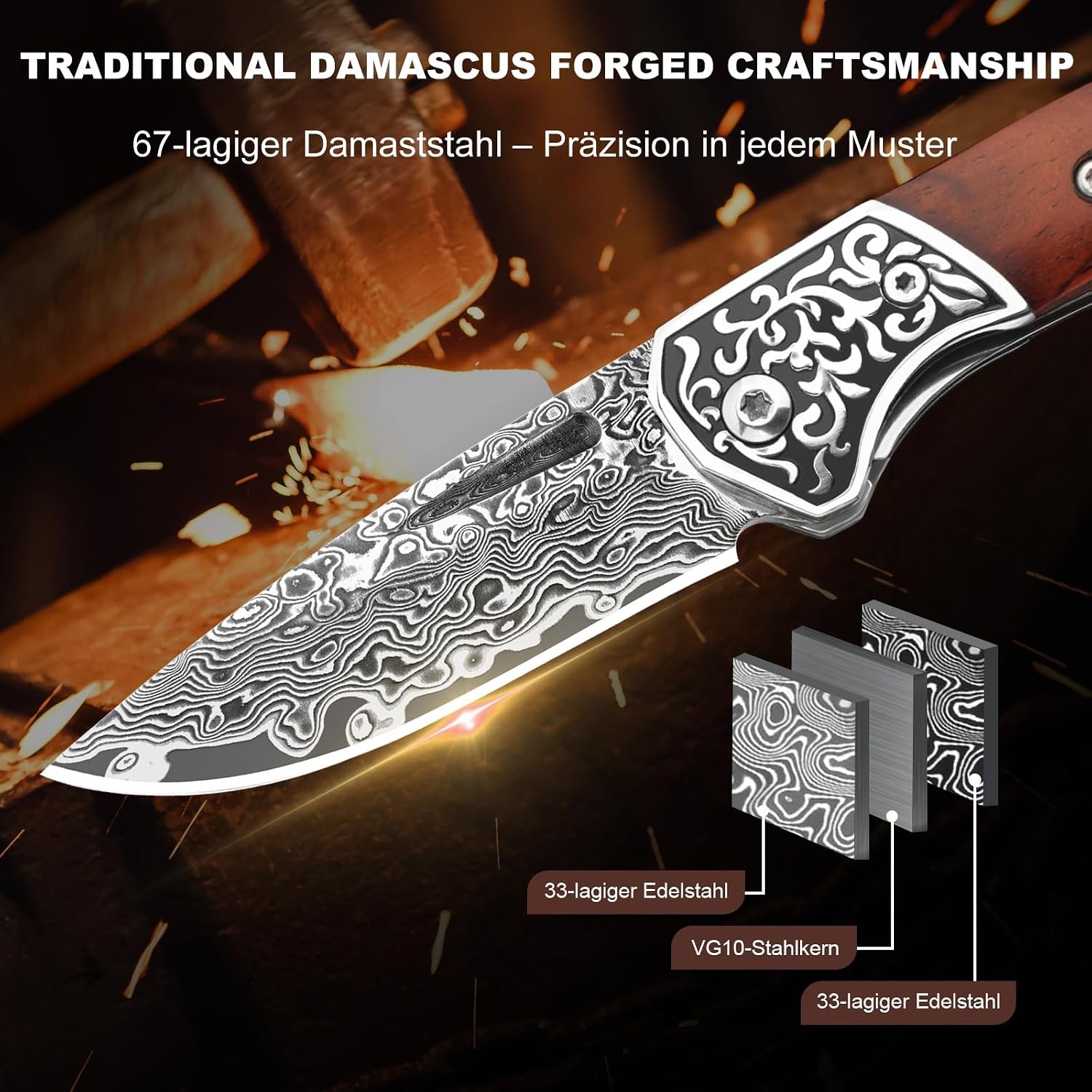 DRACHENADER Opvouwbaar Mes Damastaal Houten Handvat 14 cm