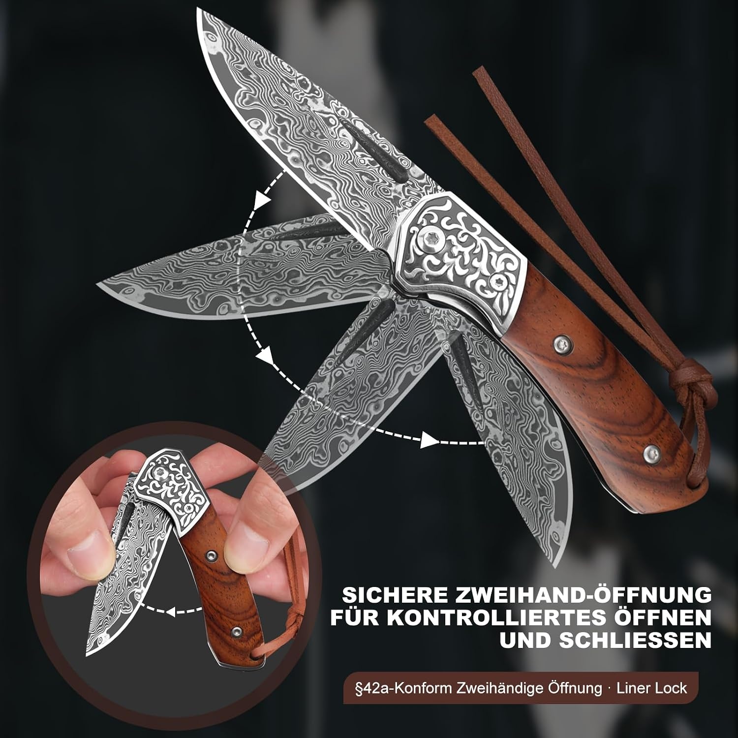 DRACHENADER Opvouwbaar Mes Damastaal Houten Handvat 14 cm