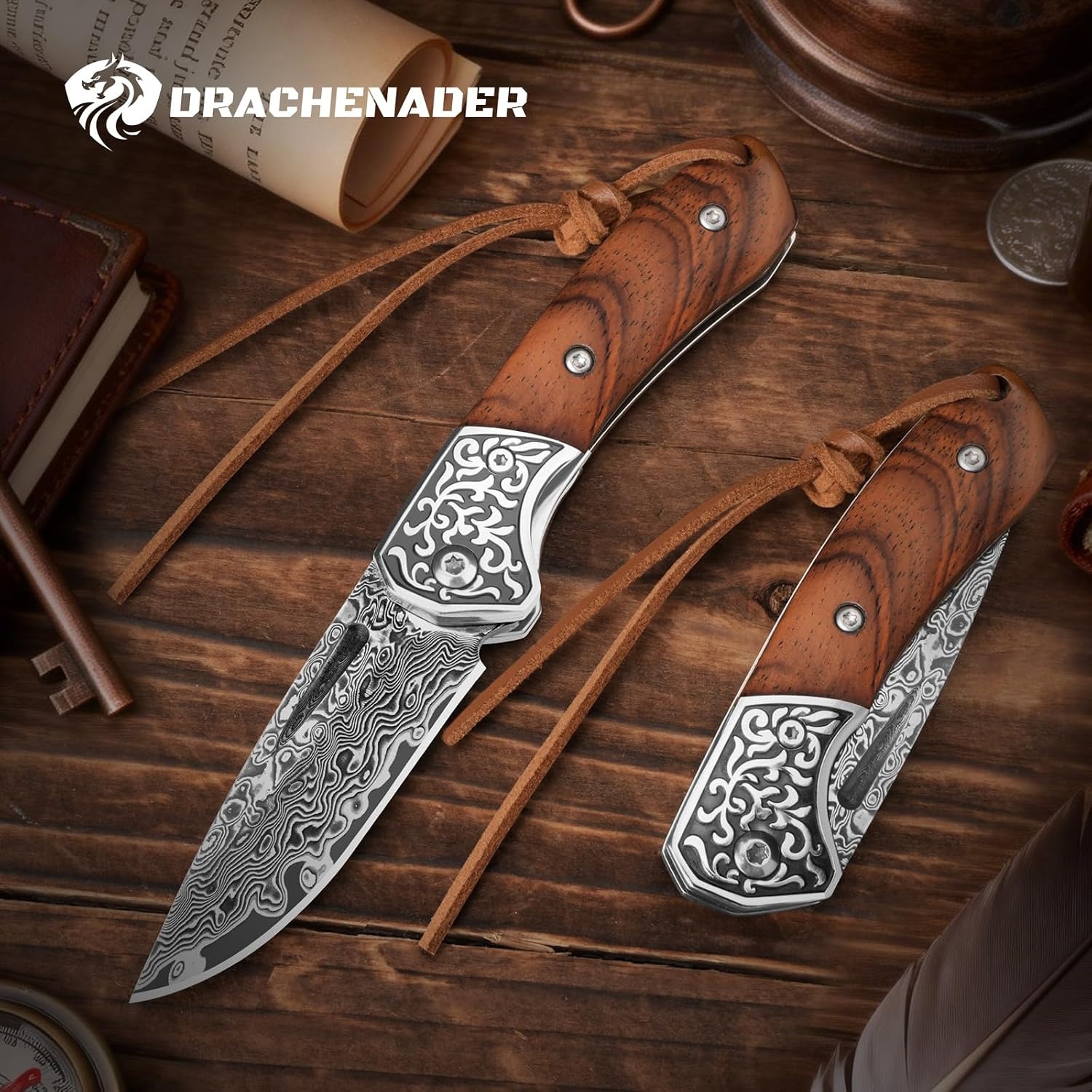 DRACHENADER Opvouwbaar Mes Damastaal Houten Handvat 14 cm