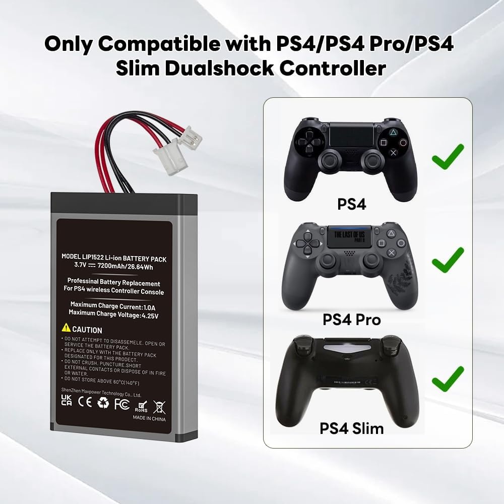 2 stuks reservebatterijen voor PS4-controller, 2026 upgrade 7200 mAh batterijen met hoge capaciteit, compatibel met Sony PS4 Slim/PS4 Pro Dualshock Controller CUH-ZCT2 CUH-ZCT2E CUH-ZCT1E CUH-ZCT1U