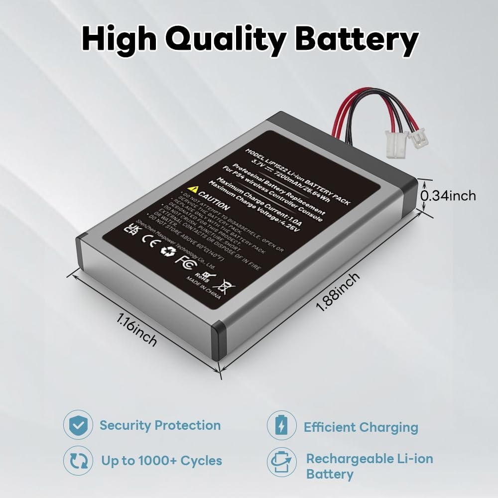 2 stuks reservebatterijen voor PS4-controller, 2026 upgrade 7200 mAh batterijen met hoge capaciteit, compatibel met Sony PS4 Slim/PS4 Pro Dualshock Controller CUH-ZCT2 CUH-ZCT2E CUH-ZCT1E CUH-ZCT1U