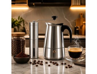 Italiaans koffiezetapparaat, inductie koffiezetapparaat, set met molen, Italiaans koffiezetapparaat van roestvrij staal, koffiezetapparaat voor 6 kopjes (300 ml), compatibel met alle warmtebronnen - Maat cafetera 6 tazas + molinillo