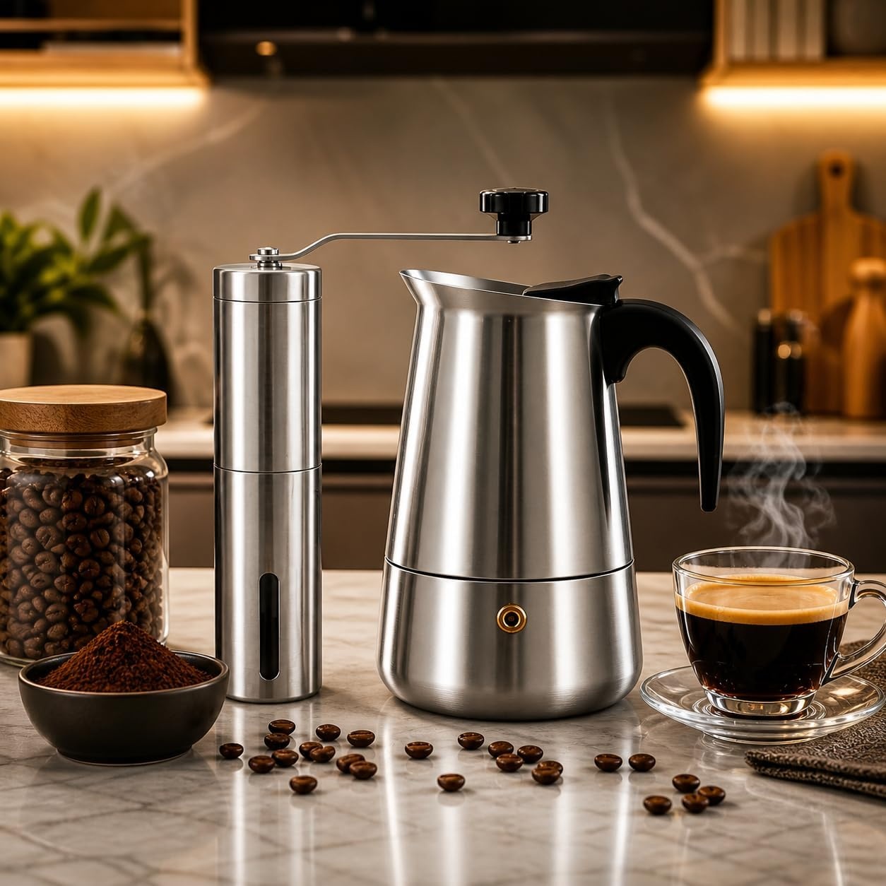 Italiaans koffiezetapparaat, inductie koffiezetapparaat, set met molen, Italiaans koffiezetapparaat van roestvrij staal, koffiezetapparaat voor 6 kopjes (300 ml), compatibel met alle warmtebronnen - Maat cafetera 6 tazas + molinillo