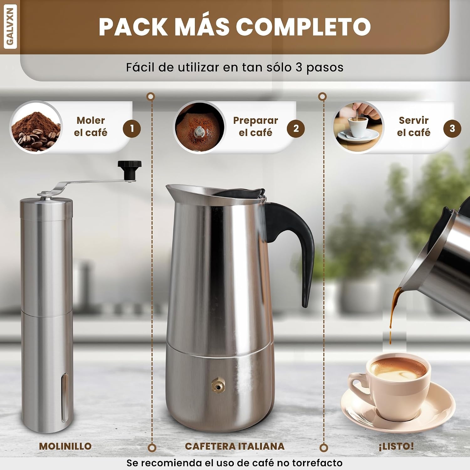 Italiaans koffiezetapparaat, inductie koffiezetapparaat, set met molen, Italiaans koffiezetapparaat van roestvrij staal, koffiezetapparaat voor 6 kopjes (300 ml), compatibel met alle warmtebronnen - Maat cafetera 6 tazas + molinillo