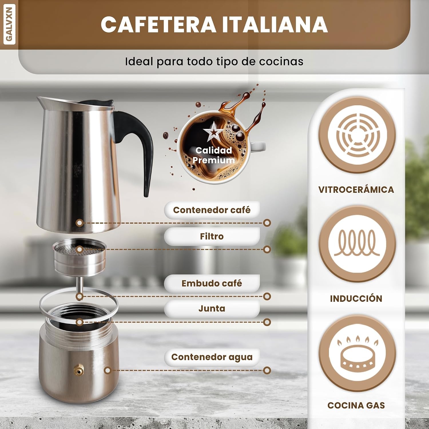 Italiaans koffiezetapparaat, inductie koffiezetapparaat, set met molen, Italiaans koffiezetapparaat van roestvrij staal, koffiezetapparaat voor 6 kopjes (300 ml), compatibel met alle warmtebronnen - Maat cafetera 6 tazas + molinillo