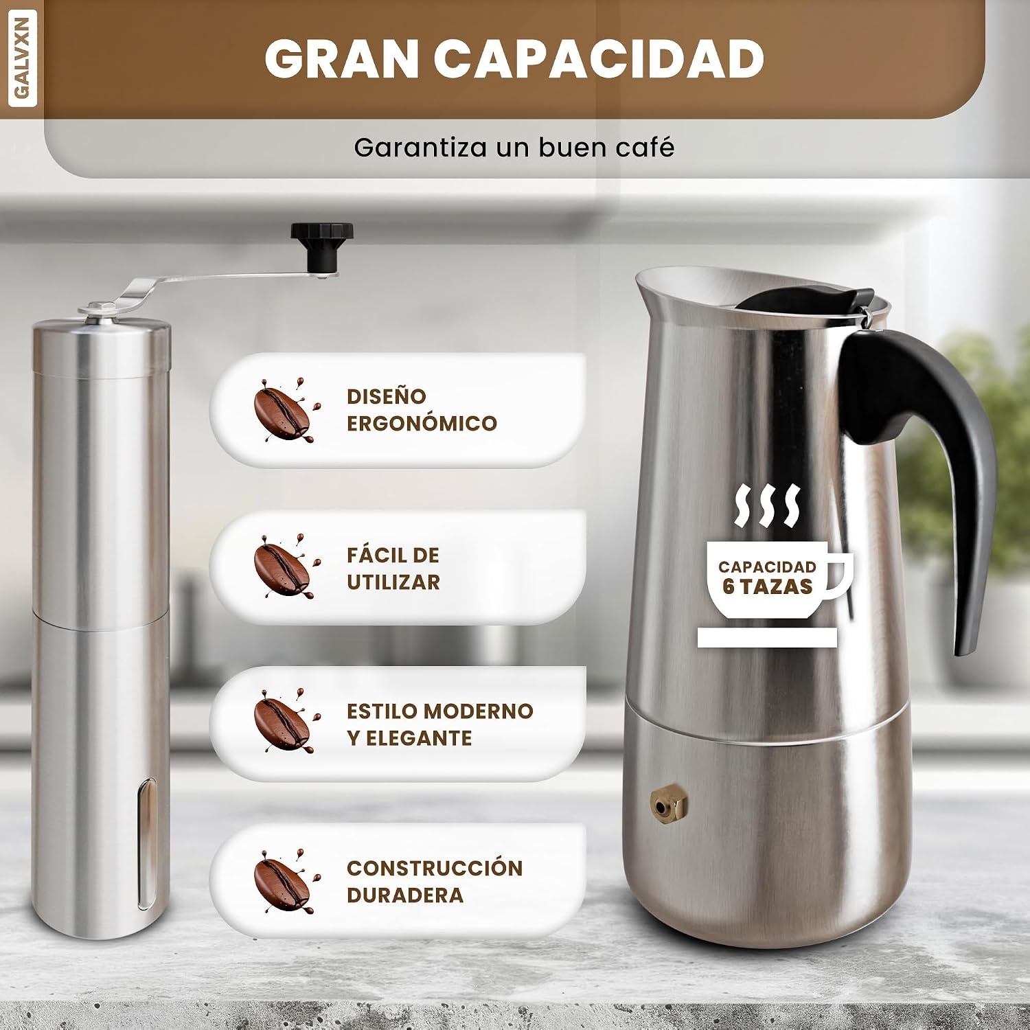 Italiaans koffiezetapparaat, inductie koffiezetapparaat, set met molen, Italiaans koffiezetapparaat van roestvrij staal, koffiezetapparaat voor 6 kopjes (300 ml), compatibel met alle warmtebronnen - Maat cafetera 6 tazas + molinillo