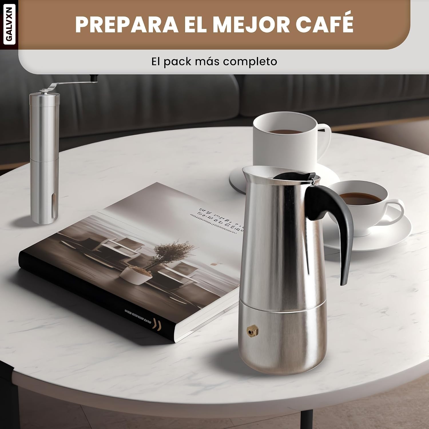 Italiaans koffiezetapparaat, inductie koffiezetapparaat, set met molen, Italiaans koffiezetapparaat van roestvrij staal, koffiezetapparaat voor 6 kopjes (300 ml), compatibel met alle warmtebronnen - Maat cafetera 6 tazas + molinillo