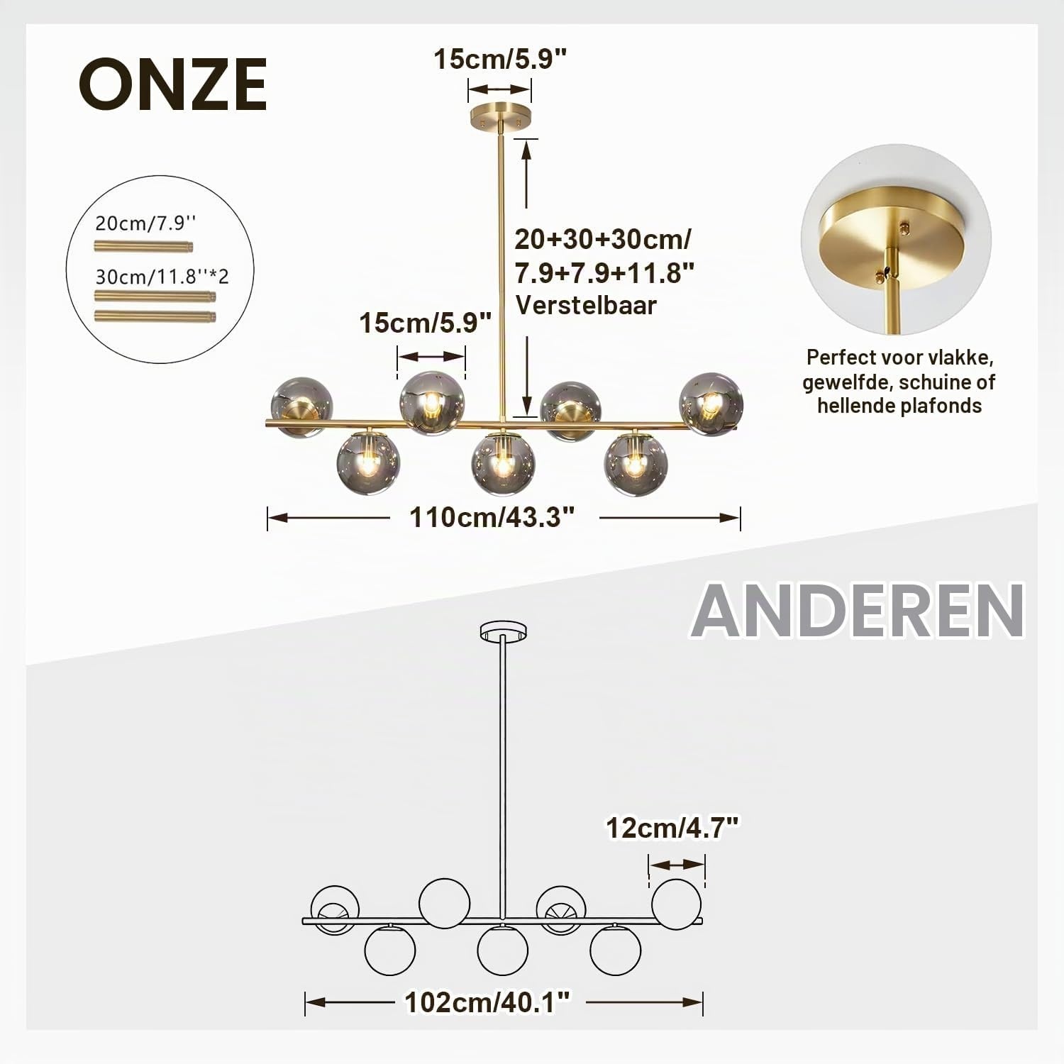Gouden Sputnik Kroonluchter - Rookglas & 7 Lampen - 59% Korting